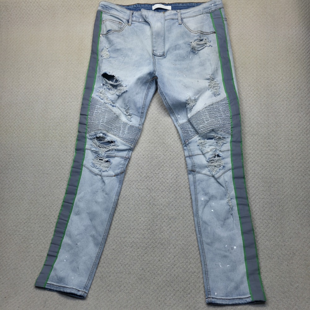 KDNK Men's 38 Distressed Moto Biker Jeans Light Wash Slim‎ Reflective Green Side
